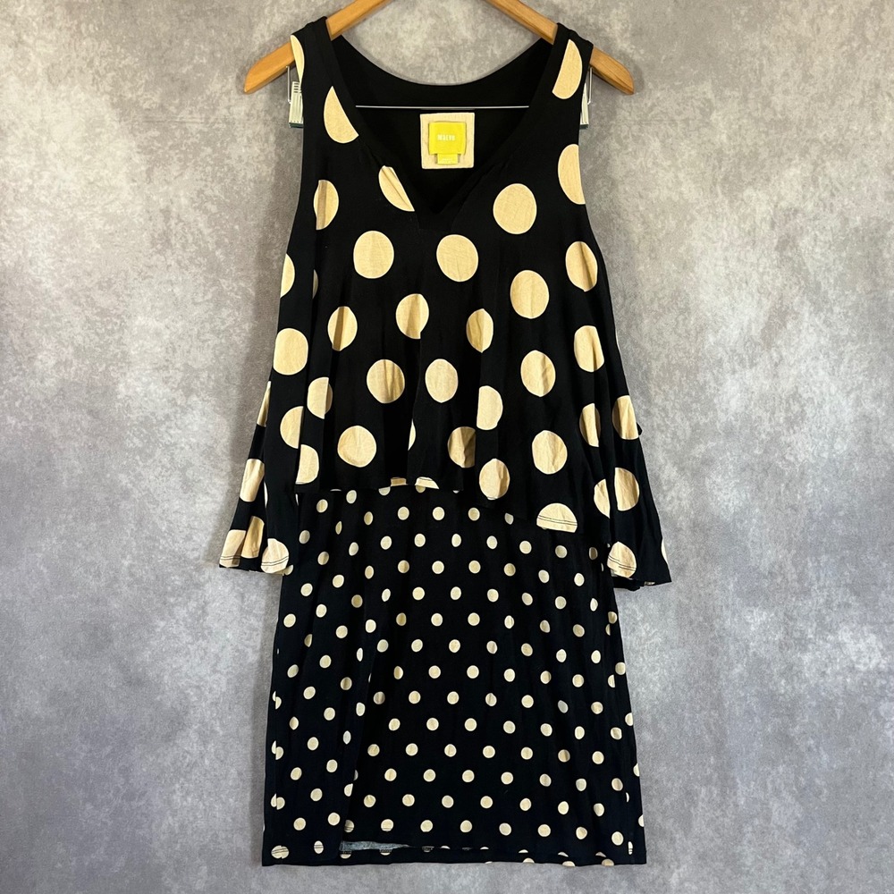 Maeve Polka Dot Dress Womens Small Black Cream Layered V-Neck Sleeveless Mini
